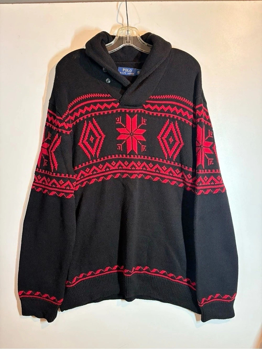 Polo Ralph Lauren Fair Isle Shawl Collar Pullover Sweater Black & Red XXL